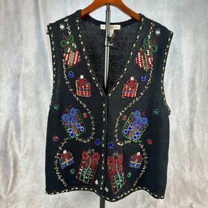 Vintage Claudia D. Christmas Sweater Vest Beaded V-Neck Button Up Women's XL